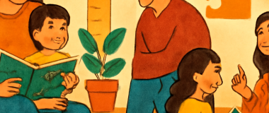 Une peinture numérique dun chat blanc aux yeux bleus, assis sur un canapé rouge dans un salon moderne avec des plantes vertes et une fenêtre laissant entrer la lumière du jour.